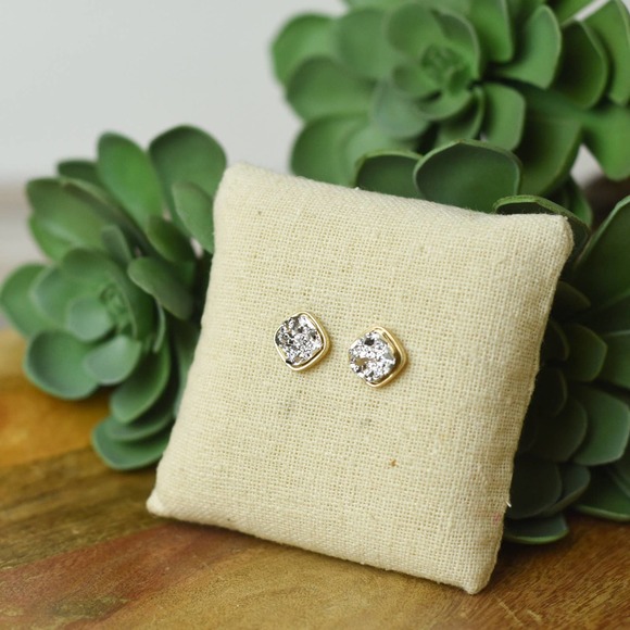 Silver Druzy Raw Square Cut Shimmer Studs - Picture 1 of 1